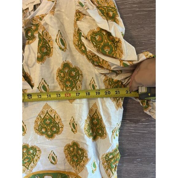 Haute Hippie Women Boho Linen Blouse top Sz L Paisley print Gold Beige Tie Neck - Picture 7 of 9